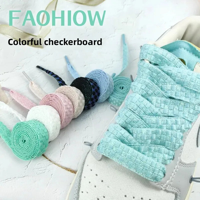 1Pair Fashion Checkered Pattern Shoelaces Width 1.5CM Flat Laces for Sneakers Kids Adult Running Shoes Accessories Rope Shoelace 120/140/160CM